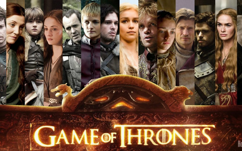 Collage contenente tutti i personaggio della famosa serie tv Game of Thrones. L'Artlang in questione è la linga Valyriana